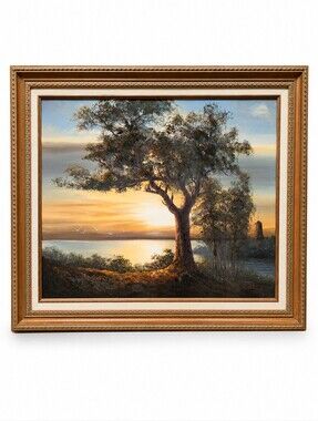 Vintage 70s 80s Signed Thompson Framed Oil Painting Lighthouse Landscape Canvas